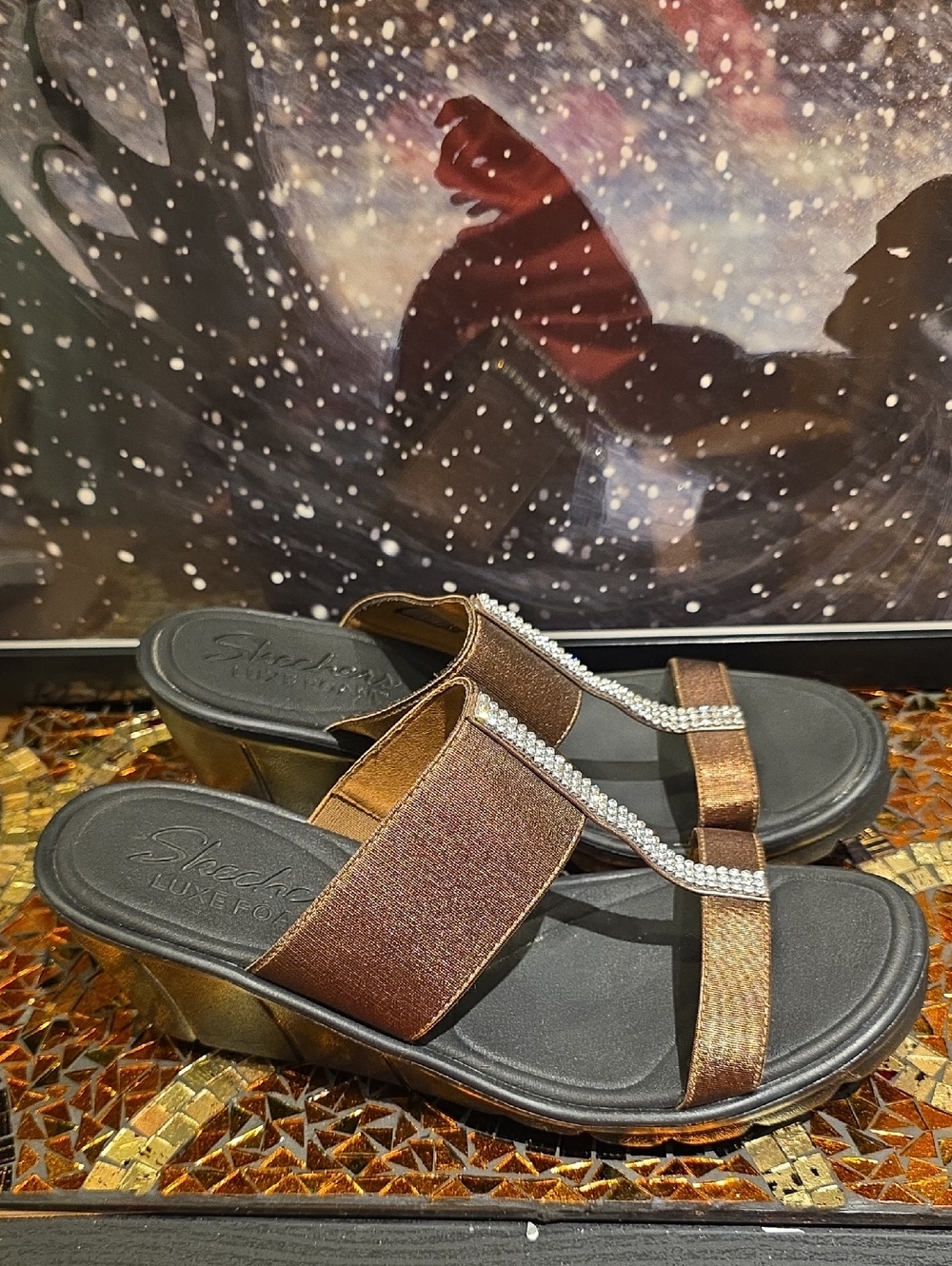 Skechers Metallic Bronze Wedge Sandals with Rhinestone Trim